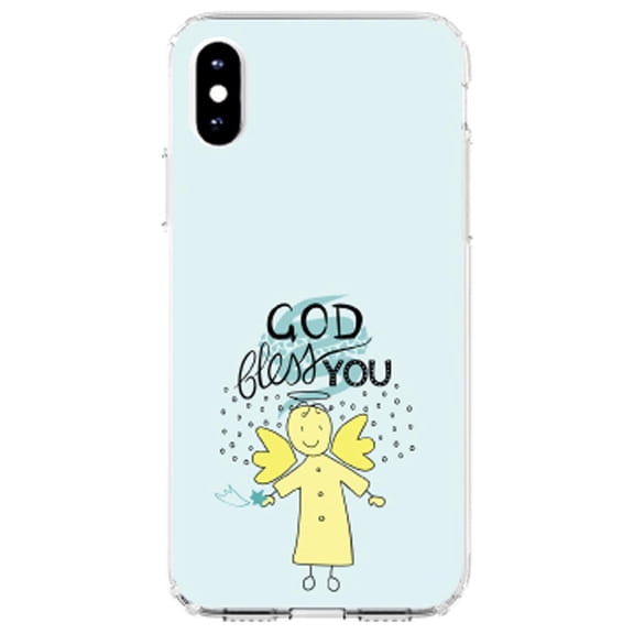 DistinctInk Clear Shockproof Hybrid Case for iPhone X / XS (5.8" Screen) - TPU Bumper, Acrylic Back, Tempered Glass Screen Protector - God Bless You - Angel - Yellow Teal