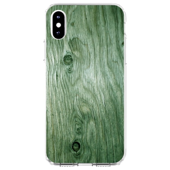 DistinctInk Clear Shockproof Hybrid Case for iPhone X / XS (5.8" Screen) - TPU Bumper, Acrylic Back, Tempered Glass Screen Protector - Green Weathered Wood Grain Print - Printed Wood Grain Image