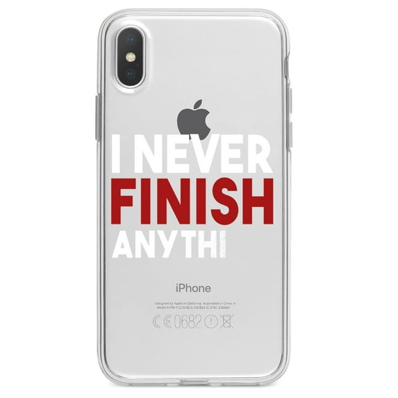 DistinctInk Clear Shockproof Hybrid Case for iPhone X / XS (5.8" Screen) - TPU Bumper Acrylic Back Tempered Glass Screen Protector - I Never Finish Anythi