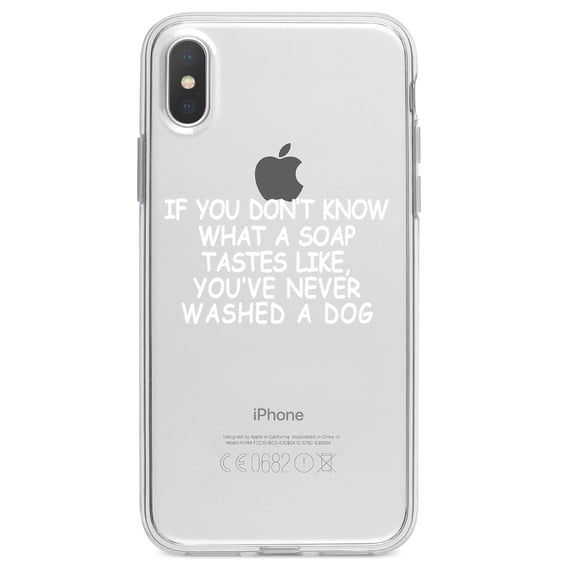 DistinctInk Clear Shockproof Hybrid Case for iPhone X / XS (5.8" Screen) - TPU Bumper Acrylic Back Tempered Glass Screen Protector - Don't Know What Soap Tastes Like, Washed Dog