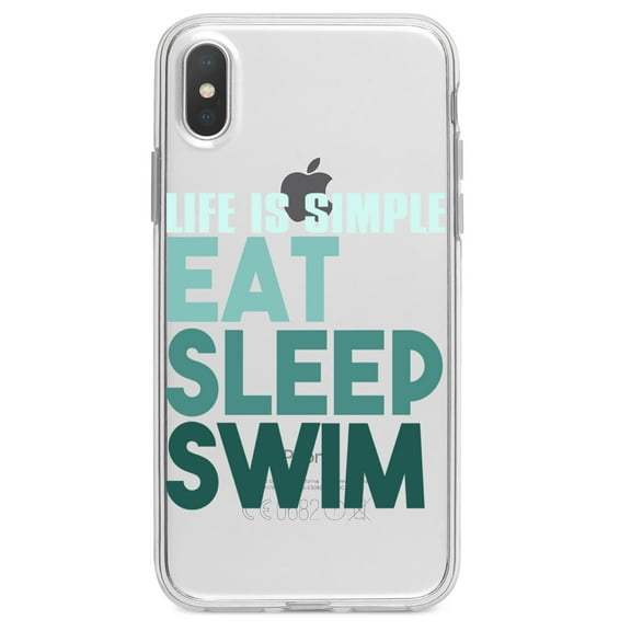 DistinctInk Clear Shockproof Hybrid Case for iPhone X / XS (5.8" Screen) - TPU Bumper Acrylic Back Tempered Glass Screen Protector - Life Is Simple Eat Sleep Swim