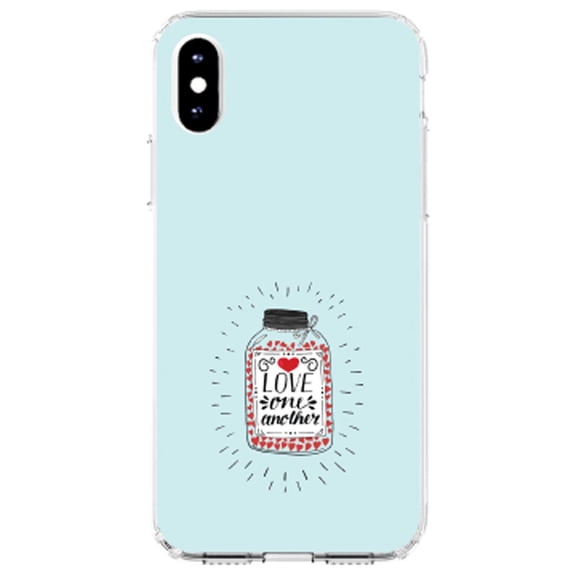 DistinctInk Clear Shockproof Hybrid Case for iPhone X / XS (5.8" Screen) - TPU Bumper, Acrylic Back, Tempered Glass Screen Protector - Love One Another - Heart / Jar