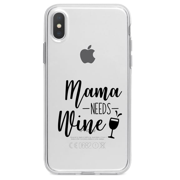 DistinctInk Clear Shockproof Hybrid Case for iPhone X / XS (5.8" Screen) - TPU Bumper Acrylic Back Tempered Glass Screen Protector - Mama Needs Wine - Wine Glass