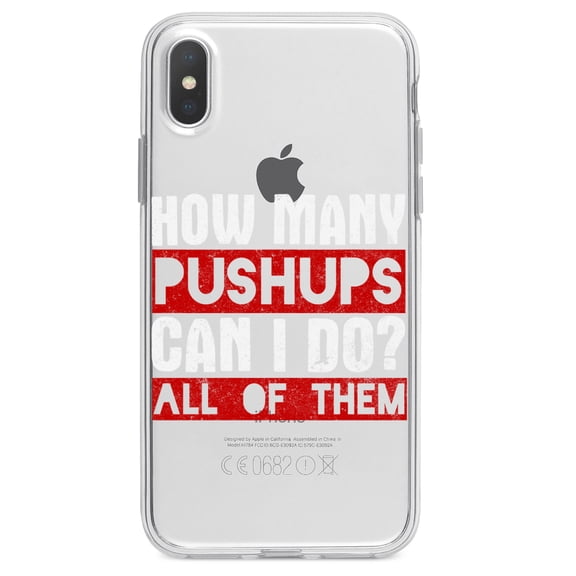DistinctInk Clear Shockproof Hybrid Case for iPhone X / XS (5.8" Screen) - TPU Bumper Acrylic Back Tempered Glass Screen Protector - How Many Pushups? All of Them