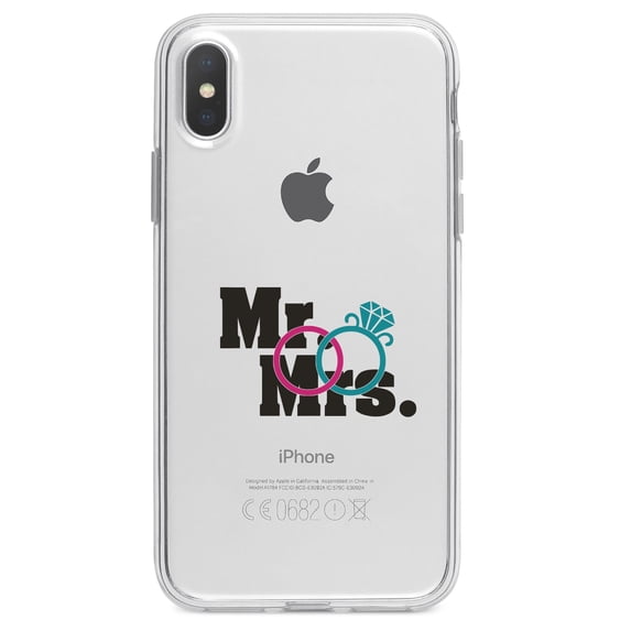 DistinctInk Clear Shockproof Hybrid Case for iPhone X / XS (5.8" Screen) - TPU Bumper Acrylic Back Tempered Glass Screen Protector - Mr. & Mrs. Wedding Rings