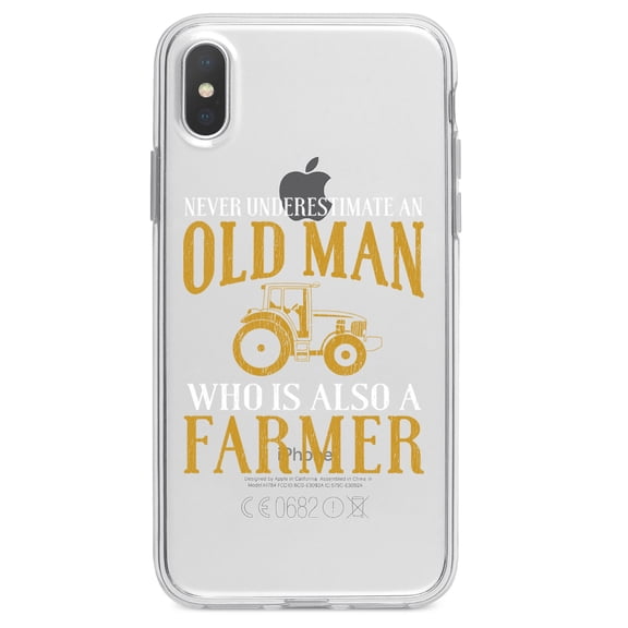 DistinctInk Clear Shockproof Hybrid Case for iPhone X / XS (5.8" Screen) - TPU Bumper Acrylic Back Tempered Glass Screen Protector - Never Underestimate Old Man Farmer