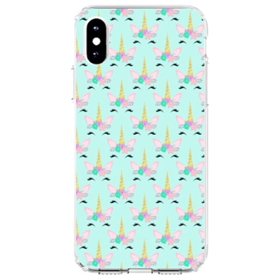 DistinctInk Clear Shockproof Hybrid Case for iPhone X / XS (5.8" Screen) - TPU Bumper, Acrylic Back, Tempered Glass Screen Protector - Pastel Unicorn Pattern - Teal Pink Purple