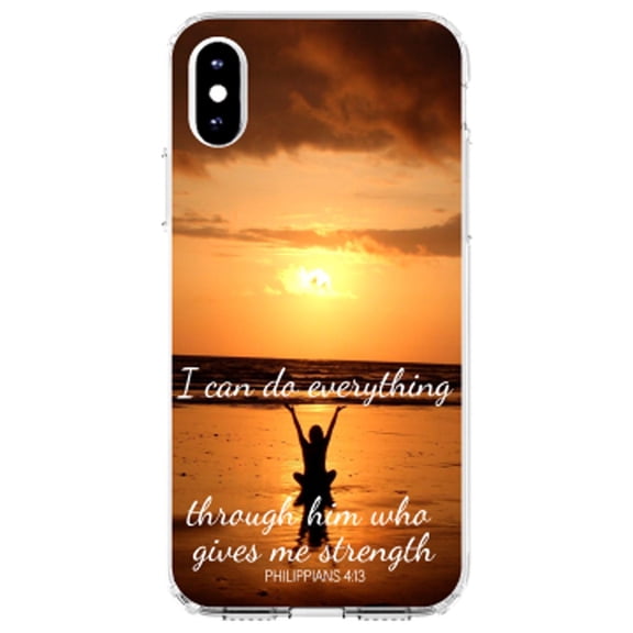 DistinctInk Clear Shockproof Hybrid Case for iPhone X / XS (5.8" Screen) - TPU Bumper, Acrylic Back, Tempered Glass Screen Protector - Philippians 4:13 - Do everything through Him who gives strength