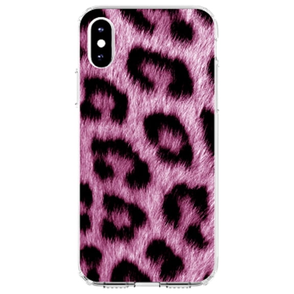 DistinctInk Clear Shockproof Hybrid Case for iPhone X / XS (5.8" Screen) - TPU Bumper, Acrylic Back, Tempered Glass Screen Protector - Pink Black Leopard Fur Skin Print