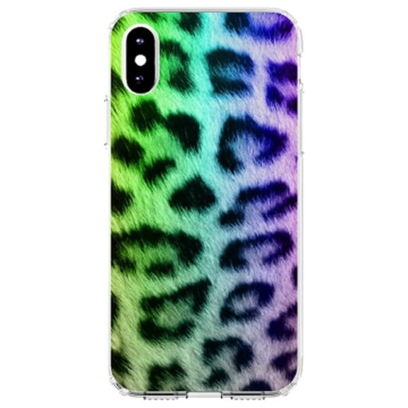 DistinctInk Clear Shockproof Hybrid Case for iPhone X / XS (5.8" Screen) - TPU Bumper, Acrylic Back, Tempered Glass Screen Protector - Rainbow Leopard Cheetah Fur Print