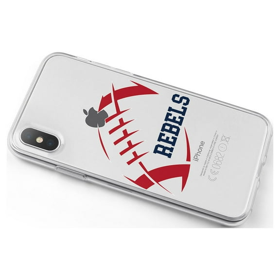 DistinctInk Clear Shockproof Hybrid Case for iPhone X / XS (5.8" Screen) - TPU Bumper, Acrylic Back, Tempered Glass Screen Protector - Rebels Football - Red, Navy