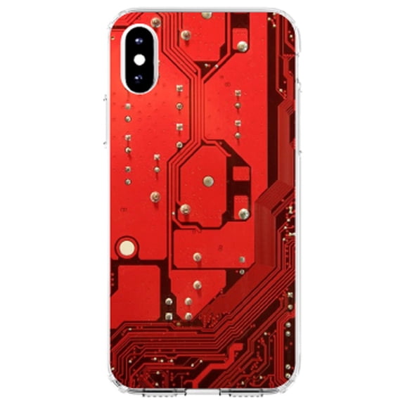 DistinctInk Clear Shockproof Hybrid Case for iPhone X / XS (5.8" Screen) - TPU Bumper, Acrylic Back, Tempered Glass Screen Protector - Red Circuit Board Image - Printed Circuit Board Image