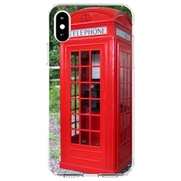 DistinctInk Clear Shockproof Hybrid Case for iPhone X / XS (5.8" Screen) - TPU Bumper, Acrylic Back, Tempered Glass Screen Protector - Red London Phone Booth