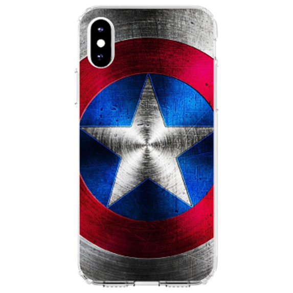 DistinctInk Clear Shockproof Hybrid Case for iPhone X / XS (5.8" Screen) - TPU Bumper, Acrylic Back, Tempered Glass Screen Protector - Red White Blue Shield