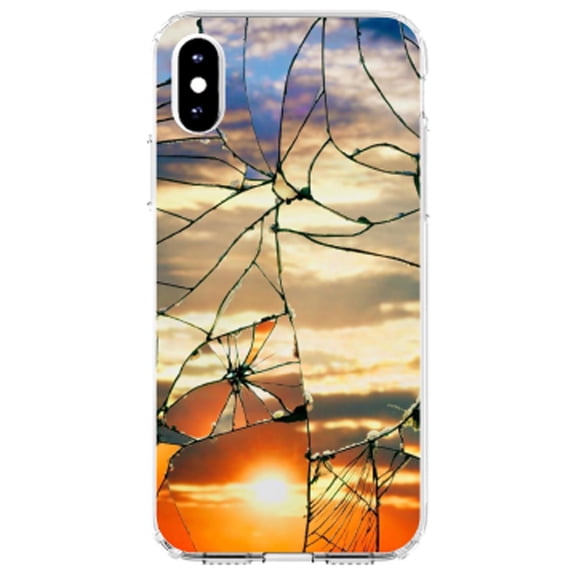 DistinctInk Clear Shockproof Hybrid Case for iPhone X / XS (5.8" Screen) - TPU Bumper, Acrylic Back, Tempered Glass Screen Protector - Shattered Glass Sunrise