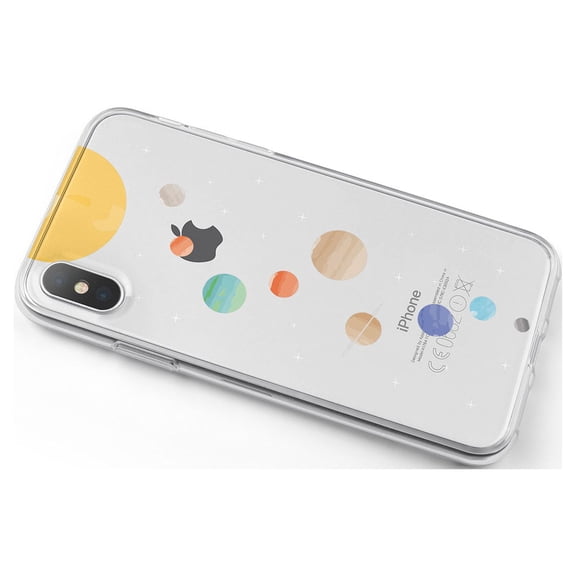 DistinctInk Clear Shockproof Hybrid Case for iPhone X / XS (5.8" Screen) - TPU Bumper, Acrylic Back, Tempered Glass Screen Protector - Solar System - Planets with Sun