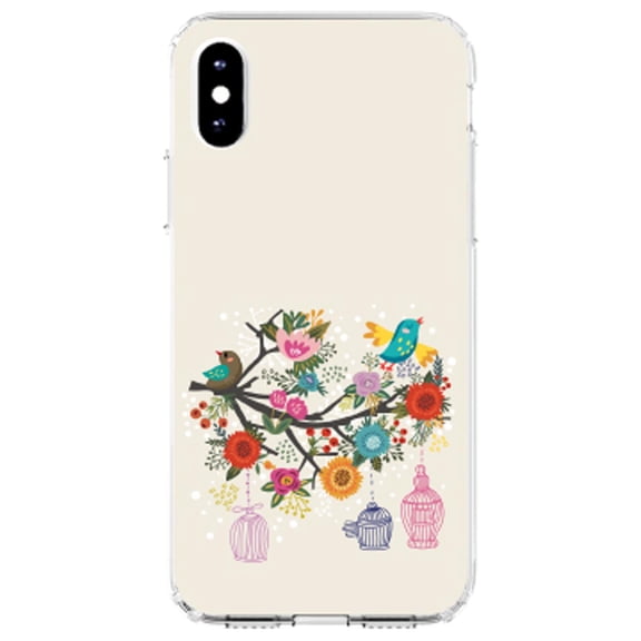 DistinctInk Clear Shockproof Hybrid Case for iPhone X / XS (5.8" Screen) - TPU Bumper, Acrylic Back, Tempered Glass Screen Protector - Spring Collection - Floral Birds Teal Red