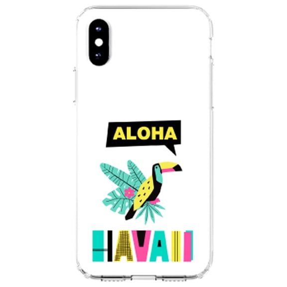 DistinctInk Clear Shockproof Hybrid Case for iPhone X / XS (5.8" Screen) - TPU Bumper, Acrylic Back, Tempered Glass Screen Protector - Summer Graphics - Aloha Hawaii Yellow Teal Pink