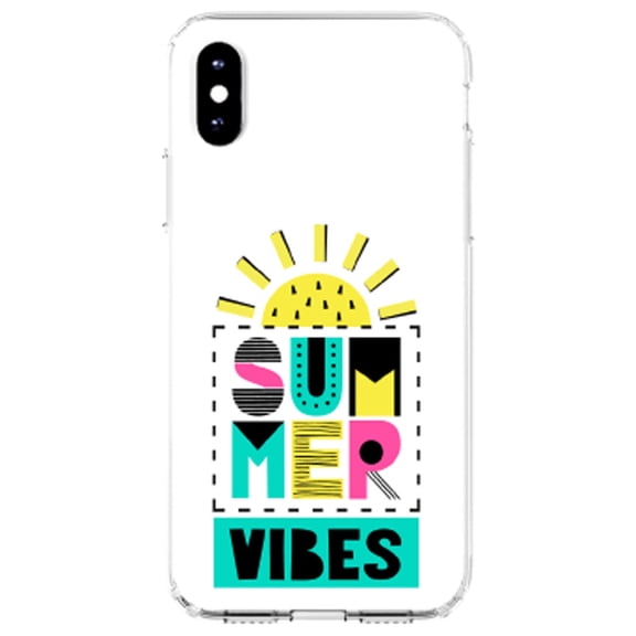 DistinctInk Clear Shockproof Hybrid Case for iPhone X / XS (5.8" Screen) - TPU Bumper, Acrylic Back, Tempered Glass Screen Protector - Summer Graphics - Summer Vibes Teal yellow Pink