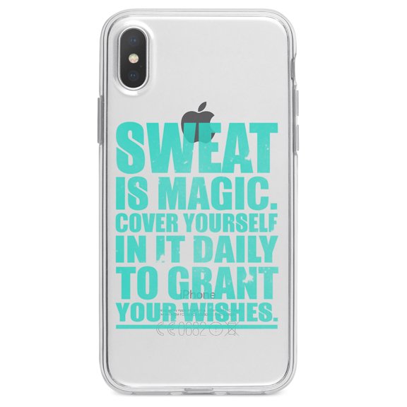 DistinctInk Clear Shockproof Hybrid Case for iPhone X / XS (5.8" Screen) - TPU Bumper Acrylic Back Tempered Glass Screen Protector - Sweat is Magic Cover Yourself Daily Grand Wishes