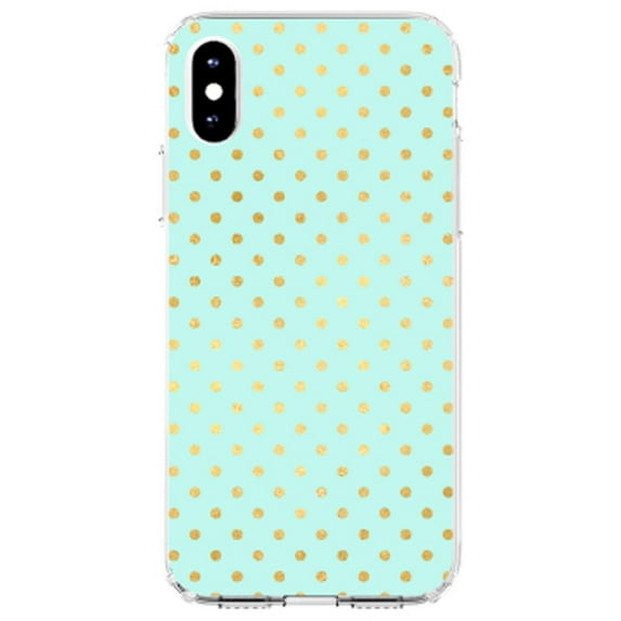 DistinctInk Clear Shockproof Hybrid Case for iPhone X / XS (5.8" Screen) - TPU Bumper, Acrylic Back, Tempered Glass Screen Protector - Teal & Gold Polka Dot Pattern