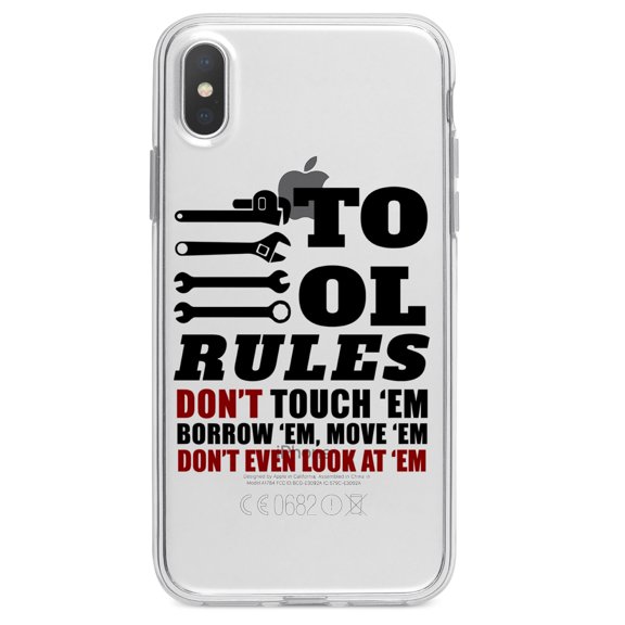 DistinctInk Clear Shockproof Hybrid Case for iPhone X / XS (5.8" Screen) - TPU Bumper Acrylic Back Tempered Glass Screen Protector - Tool Rules Don't Touch Borrow Move Look