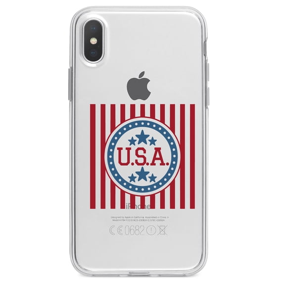 DistinctInk Clear Shockproof Hybrid Case for iPhone X / XS (5.8" Screen) - TPU Bumper Acrylic Back Tempered Glass Screen Protector - USA Banner Flag Red White & Blue