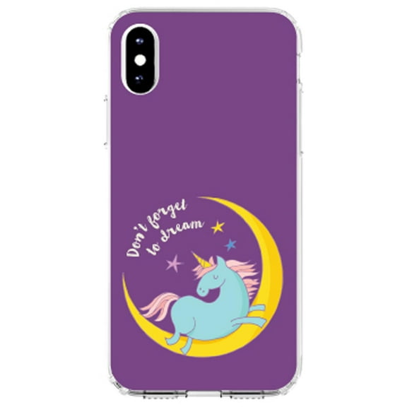 DistinctInk Clear Shockproof Hybrid Case for iPhone X / XS (5.8" Screen) - TPU Bumper, Acrylic Back, Tempered Glass Screen Protector - Unicorn Moon - Don't Forget to Dream