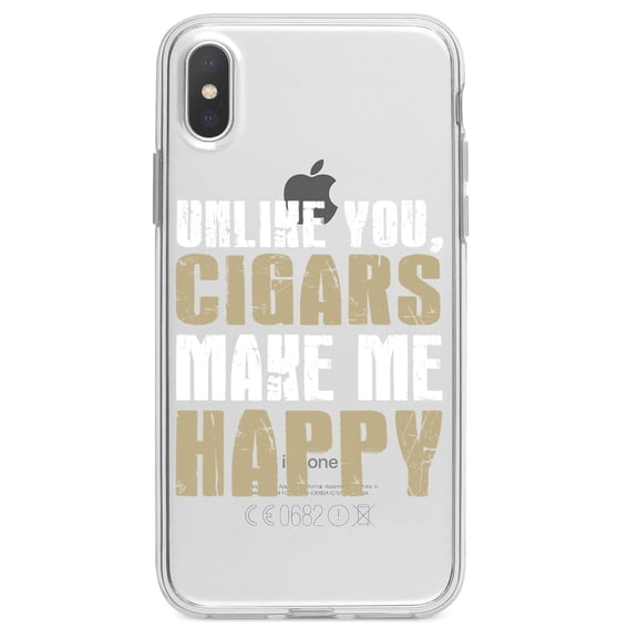 DistinctInk Clear Shockproof Hybrid Case for iPhone X / XS (5.8" Screen) - TPU Bumper Acrylic Back Tempered Glass Screen Protector - Unlike You, Cigars Make Me Happy