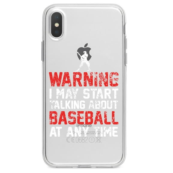 DistinctInk Clear Shockproof Hybrid Case for iPhone X / XS (5.8" Screen) - TPU Bumper Acrylic Back Tempered Glass Screen Protector - Warning May Start Talking Baseball