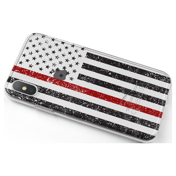 DistinctInk Clear Shockproof Hybrid Case for iPhone X / XS (5.8" Screen) - TPU Bumper, Acrylic Back, Tempered Glass Screen Protector - Weathered Thin Red Line US Flag - First Responder Support