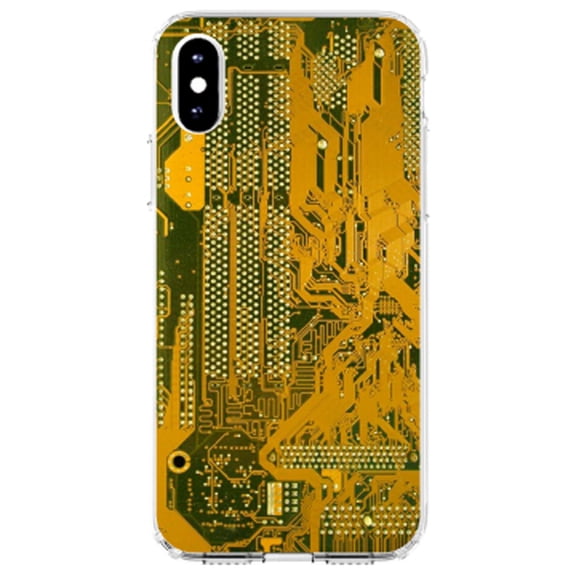 DistinctInk Clear Shockproof Hybrid Case for iPhone X / XS (5.8" Screen) - TPU Bumper, Acrylic Back, Tempered Glass Screen Protector - Yellow Circuit Board Image - Printed Circuit Board Image