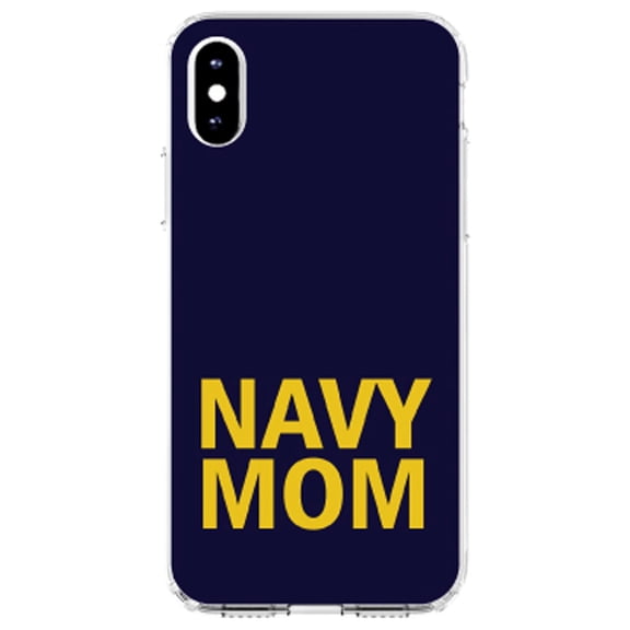 DistinctInk Clear Shockproof Hybrid Case for iPhone X / XS (5.8" Screen) - TPU Bumper, Acrylic Back, Tempered Glass Screen Protector - Yellow Navy Mom - Show Your Support for the Navy