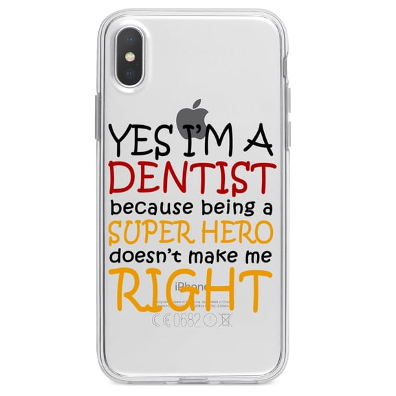 DistinctInk Clear Shockproof Hybrid Case for iPhone X / XS (5.8" Screen) - TPU Bumper Acrylic Back Tempered Glass Screen Protector - Yes I'm a Dentist Super Hero