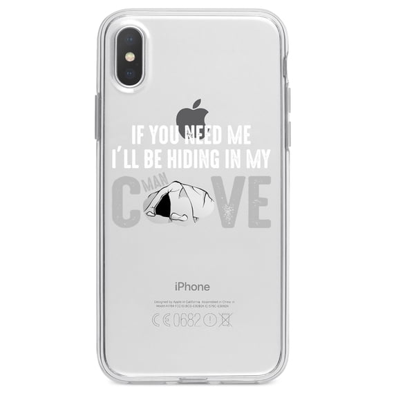 DistinctInk Clear Shockproof Hybrid Case for iPhone X / XS (5.8" Screen) - TPU Bumper Acrylic Back Tempered Glass Screen Protector - If You Need Me I'll Be Hiding in My Man Cave