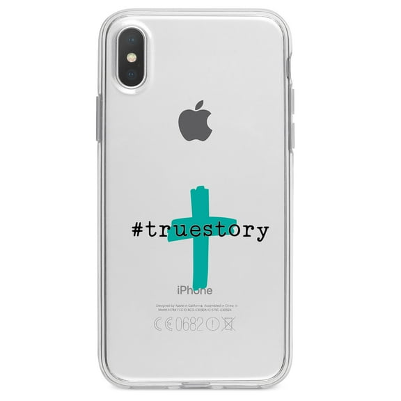 DistinctInk Clear Shockproof Hybrid Case for iPhone X / XS (5.8" Screen) - TPU Bumper Acrylic Back Tempered Glass Screen Protector - #truestory - Cross - Christian - Teal