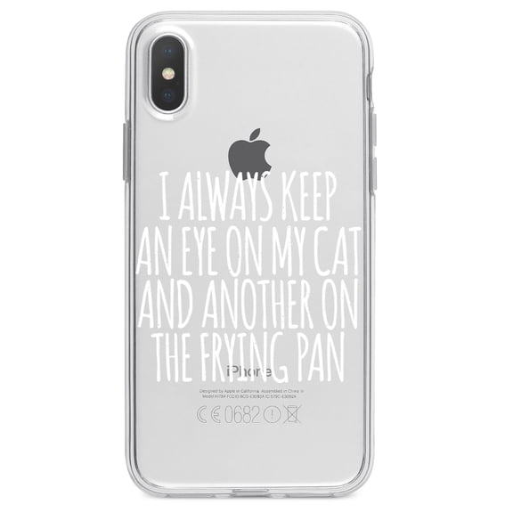 DistinctInk Clear Shockproof Hybrid Case for iPhone XR (6.1" Screen) - TPU Bumper Acrylic Back Tempered Glass Screen Protector - Always Keep Eye on Cat and on Frying Pan