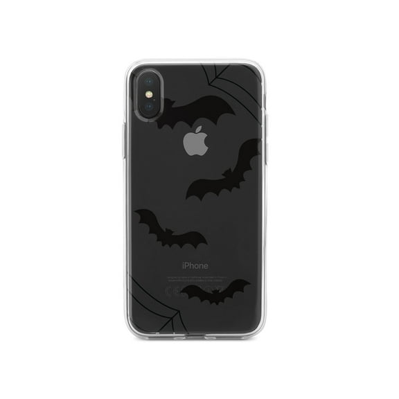 DistinctInk Clear Shockproof Hybrid Case for iPhone XR (6.1" Screen) - TPU Bumper, Acrylic Back, Tempered Glass Screen Protector - Bats and Spider Webs