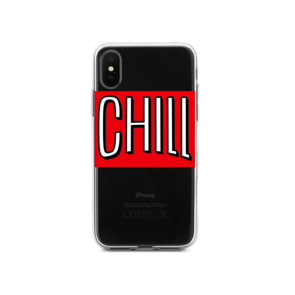 DistinctInk Clear Shockproof Hybrid Case for iPhone XR (6.1" Screen) - TPU Bumper, Acrylic Back, Tempered Glass Screen Protector - CHILL with red background