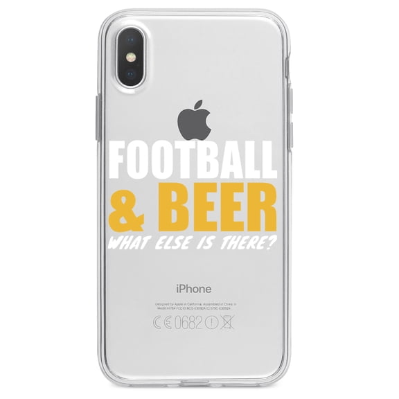 DistinctInk Clear Shockproof Hybrid Case for iPhone XR (6.1" Screen) - TPU Bumper Acrylic Back Tempered Glass Screen Protector - Football & Beer What Else Is There?