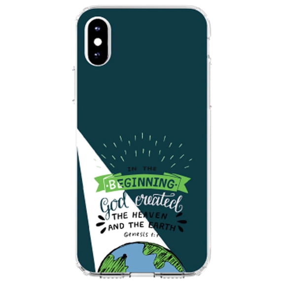 DistinctInk Clear Shockproof Hybrid Case for iPhone XR (6.1" Screen) - TPU Bumper, Acrylic Back, Tempered Glass Screen Protector - Genesis 1:1 - God Created the Heaven & the Earth
