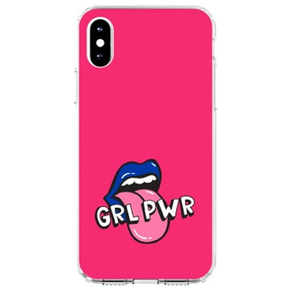 DistinctInk Clear Shockproof Hybrid Case for iPhone XR (6.1" Screen) - TPU Bumper, Acrylic Back, Tempered Glass Screen Protector - Girl Power - GRL PWR - Loud Mouth, Pink & Blue