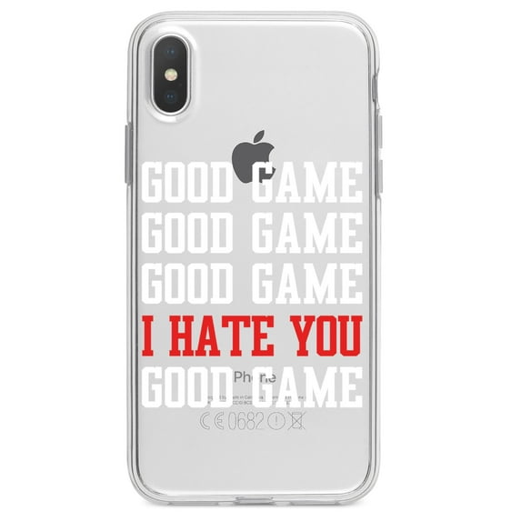 DistinctInk Clear Shockproof Hybrid Case for iPhone XR (6.1" Screen) - TPU Bumper Acrylic Back Tempered Glass Screen Protector - Good Game I Hate You Good Game