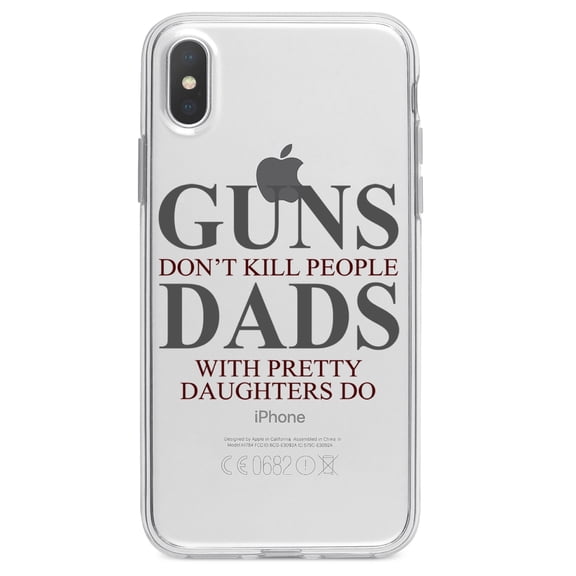 DistinctInk Clear Shockproof Hybrid Case for iPhone XR (6.1" Screen) - TPU Bumper Acrylic Back Tempered Glass Screen Protector - Guns Don't Kill People, Dads with Pretty Daughters