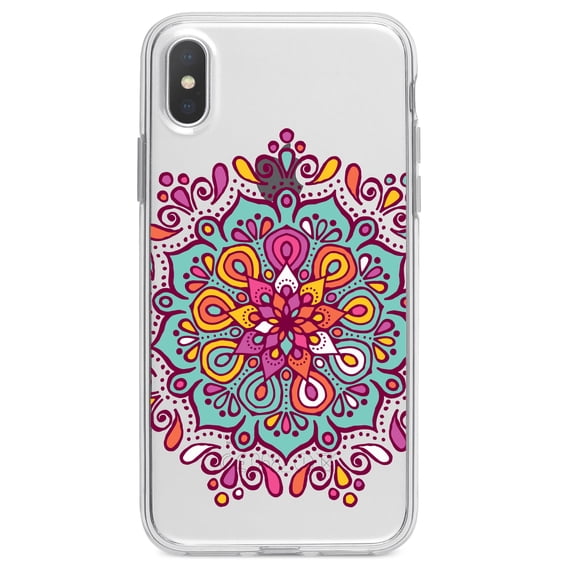 DistinctInk Clear Shockproof Hybrid Case for iPhone XR (6.1" Screen) - TPU Bumper Acrylic Back Tempered Glass Screen Protector - Jewel Tone Mandala Colorful
