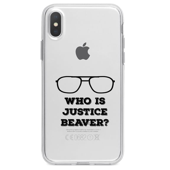 DistinctInk Clear Shockproof Hybrid Case for iPhone XR (6.1" Screen) - TPU Bumper Acrylic Back Tempered Glass Screen Protector - Who is Justice Beaver - Dwight Glasses
