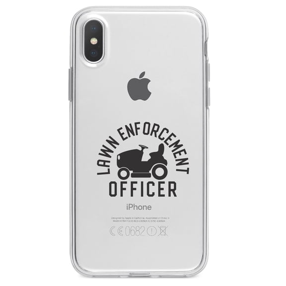 DistinctInk Clear Shockproof Hybrid Case for iPhone XR (6.1" Screen) - TPU Bumper Acrylic Back Tempered Glass Screen Protector - Lawn Enforcement Officer, Lawnmower
