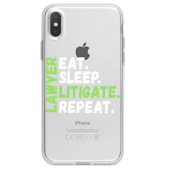 DistinctInk Clear Shockproof Hybrid Case for iPhone XR (6.1" Screen) - TPU Bumper Acrylic Back Tempered Glass Screen Protector - Lawyer Eat Sleep Litigate Repeat