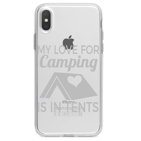 DistinctInk Clear Shockproof Hybrid Case for iPhone XR (6.1" Screen) - TPU Bumper Acrylic Back Tempered Glass Screen Protector - My Love For Camping is In Tents
