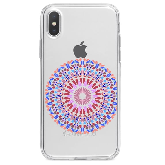 DistinctInk Clear Shockproof Hybrid Case for iPhone XR (6.1" Screen) - TPU Bumper Acrylic Back Tempered Glass Screen Protector - Modern Mandala - Blue Red Pink